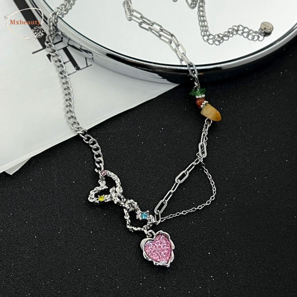 Mxbeauty Y2K Wanita Kalung Hadiah Pesta Pink Manis Mengkilap Adjustable Hati Liontin Rantai