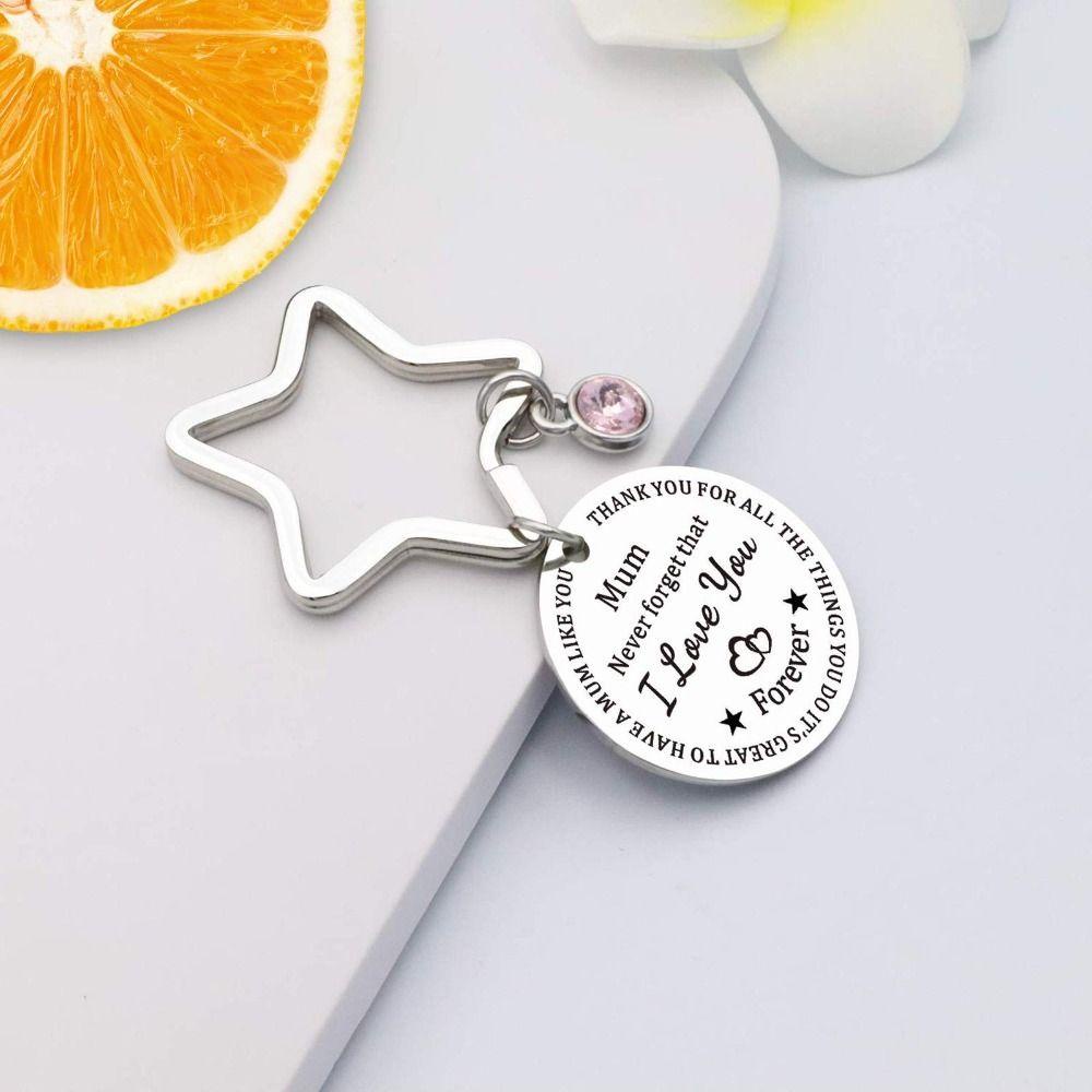 R-FLOWER Gantungan Kunci Bintang Berujung Lima Mum Stainless Steel Grafir Key Chains