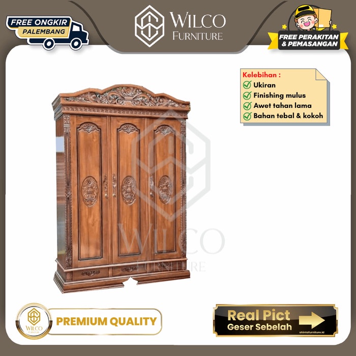 Lemari Pakaian Gebyok 3 Pintu Jati Jepara Minimalis / Lemari Baju Cinta JATIRA Full Ukir 3 Pt PLG