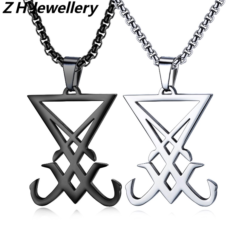 Z H Perhiasan Stainless Steel Lucifer Emblem Segel Liontin Hip Hop Rock Fashion Pria Dan Wanita Baja Titanium Kalung Retro Punk Aksesoris Pesta