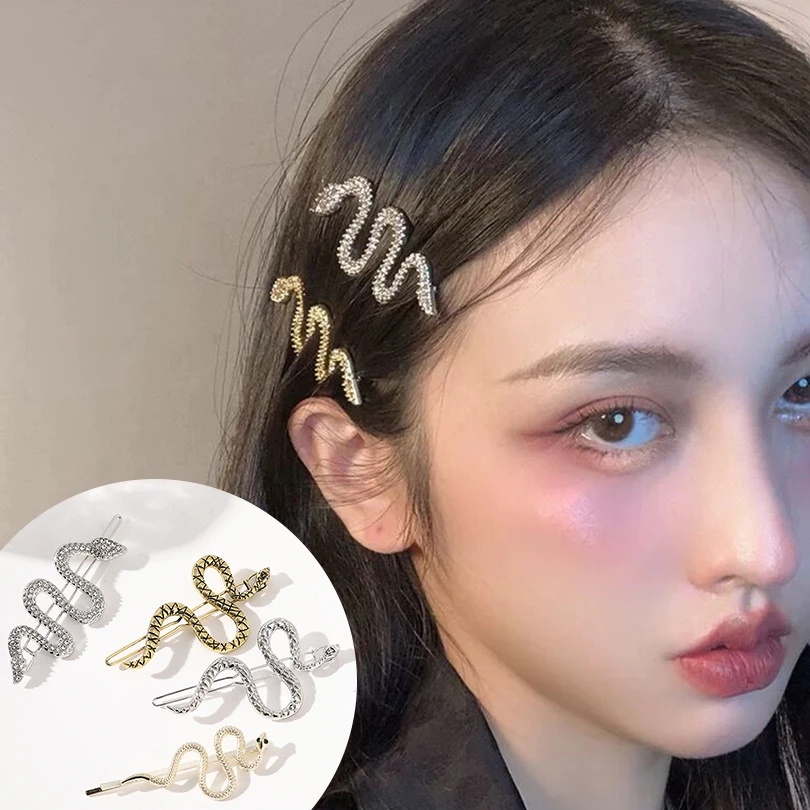 Gadis Keren Gaya Retro Logam Ular Rambut Klip Headpiece/Desain Fashion Berlian Imitasi Alloy Hairgrips/Y2K Kreatif Poni Jepit Rambut/Aksesoris Rambut