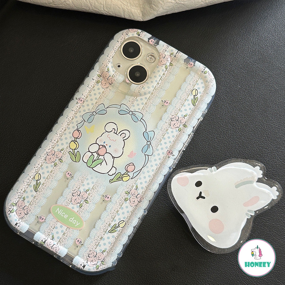 IPHONE Sweet Lace Rabbit Flowers Bracket Shell Phone Case Untuk Iphone14 13 12 11 Pro Max14 Plus Case Lucu Transparan Kartun Cover