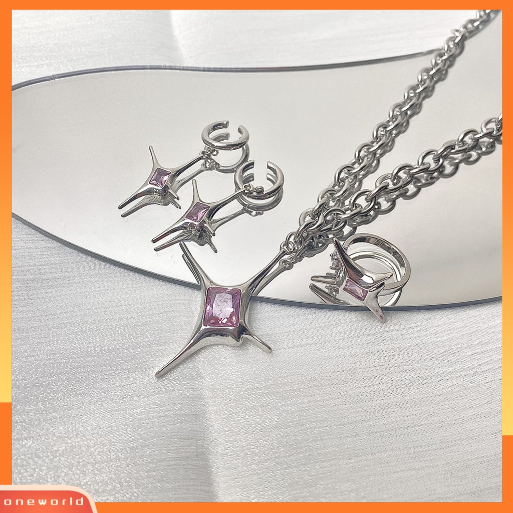 [EONE] 1pc/1pasang Kalung Telinga Klip Cincin Berlian Imitasi Mengkilap Hias Kilau Terang Geometris Elektroplating Hias Wanita Bintang Tidak Teratur Liontin Kalung Klip Anting Jari Cincin