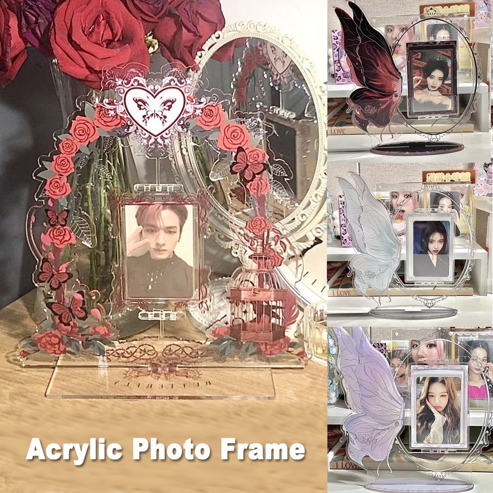 Romantic Rose Bingkai Foto Akrilik Rotatable Deluxe Photocards Holder Butterfly Bingkai Pajangan Desktop 3inch Idol Photocard Pelindung Case Dekorasi