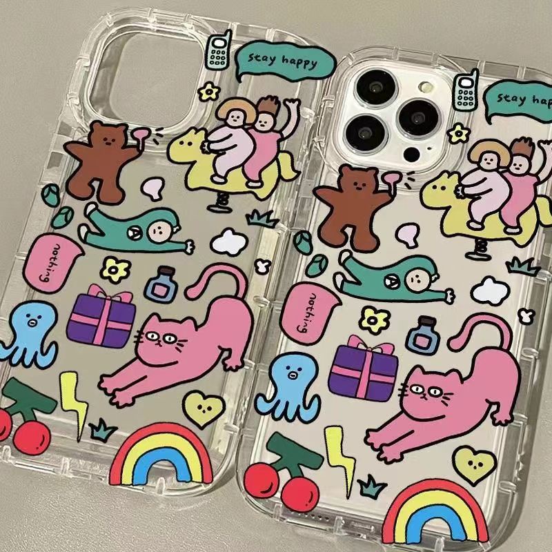 IPHONE Ins Kitten Phone Case Cocok Untuk Iphone11 14 14pro 14plus 13 13mini 13pro 13prm iPhone12 7Plus 8Plus Xr XS 13 12mini Pro Max Empat Sudut Casing Ponsel Transparan Tahan Guncangan