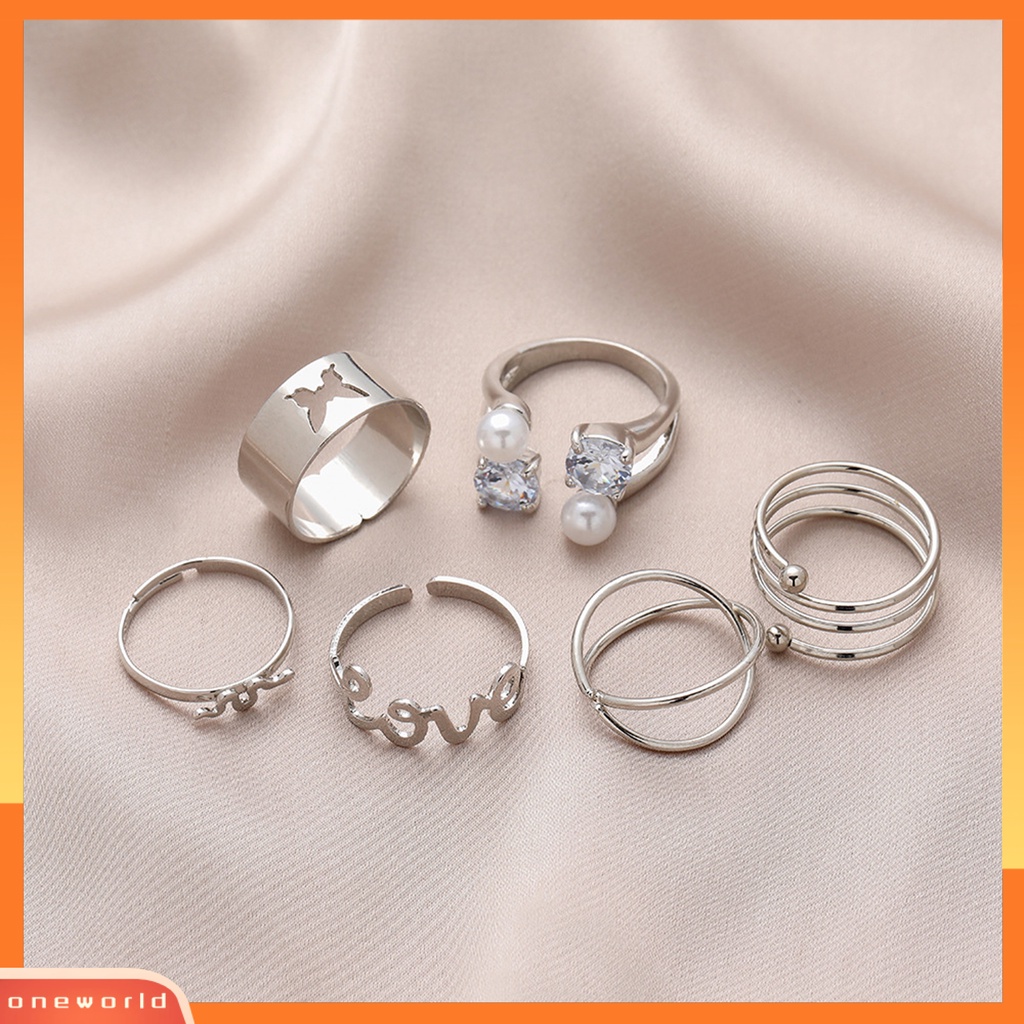 [EONE] 6 Pcs Jari Cincin Huruf Kupu-Kupu Mutiara Imitasi Pria Wanita Pembukaan Adjustable Ins Style Rings Fashion Jewelry