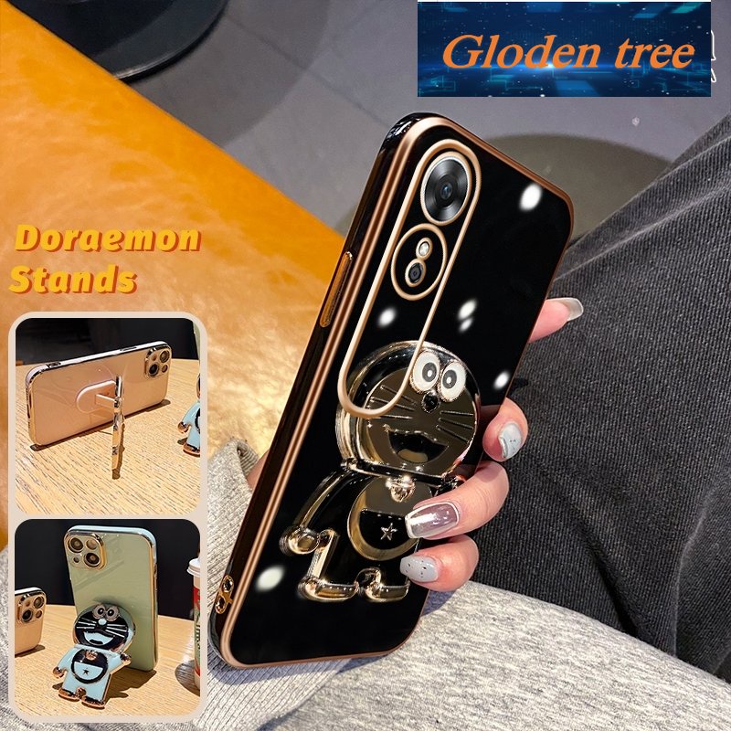 Gloden tree Casing Untuk OPPO A17 A17K Case Fashion Kartun Doraemon Lipat Stand Phone Case Electroplating Shockproof Phone Holder Case