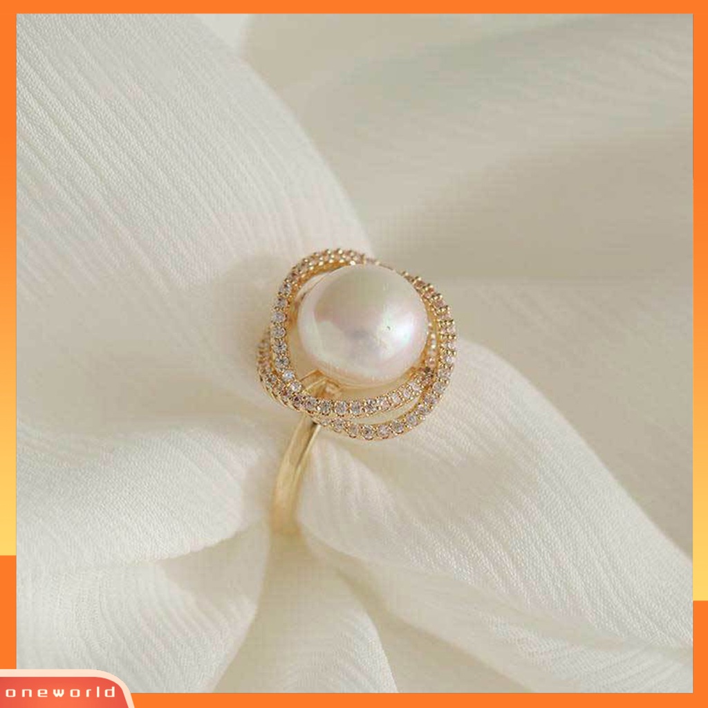 [EONE] Wanita Cincin Menyilang Bling Berlian Imitasi Elegan Terbuka Adjustable High Gloss Faux Pearl Finger Ring Perhiasan Aksesoris