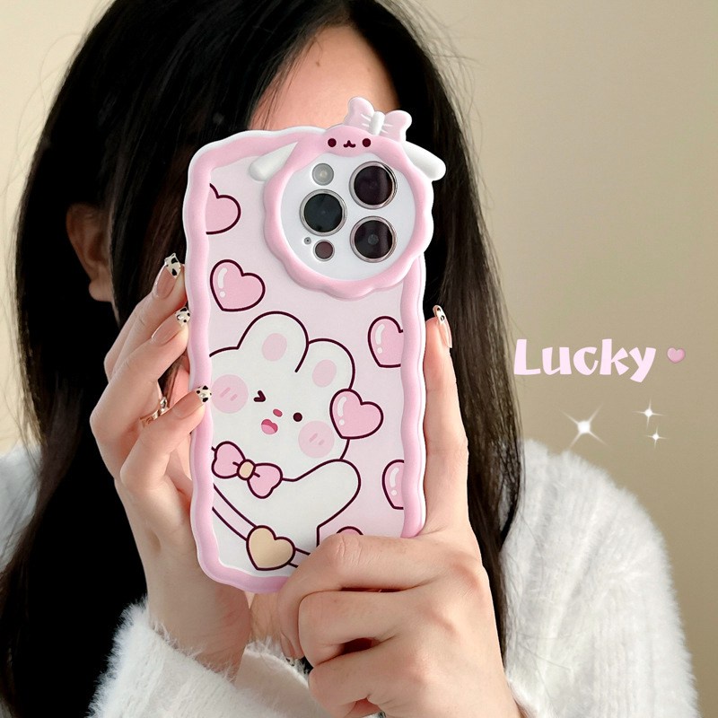 【Lamb Style】Pink Lucky Bunny Soft TPU Case HP iP iPhone 11 12 13 14 Pro Max 7 8 + Plus SE 2020 X XS XR Max Girl Woman FTD Casing Apple