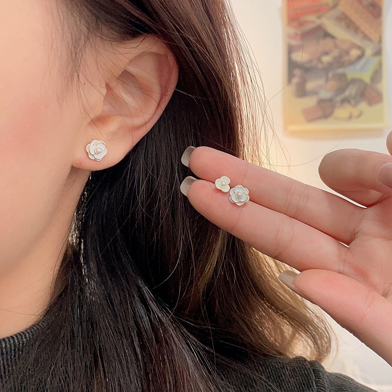 S925 Perak Putih Camellia Anting Busur Telinga Studs Untuk Gadis Indah Aksesori Fashion