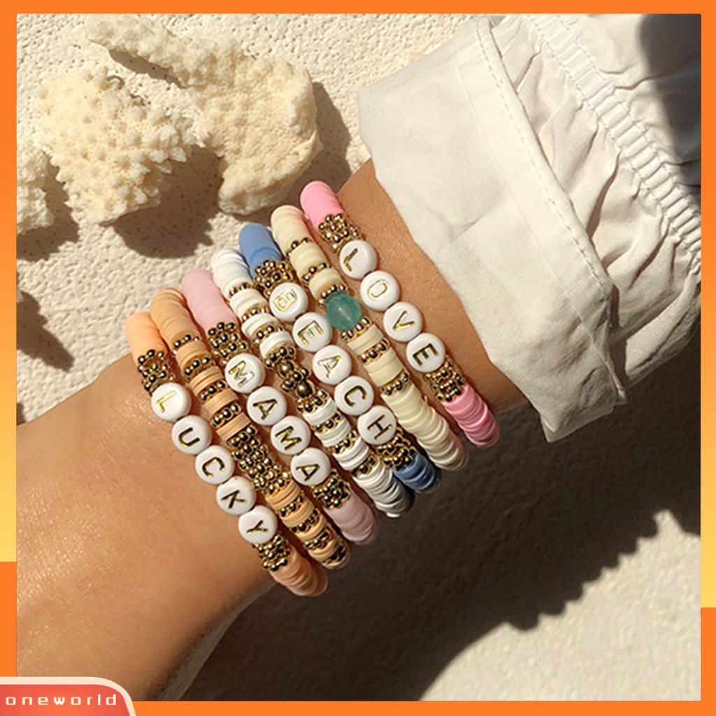 [EONE] Wanita Gelang Huruf Bahan Polymer Clay Elastis Indah Ringan Gelang Boho Untuk Pesta