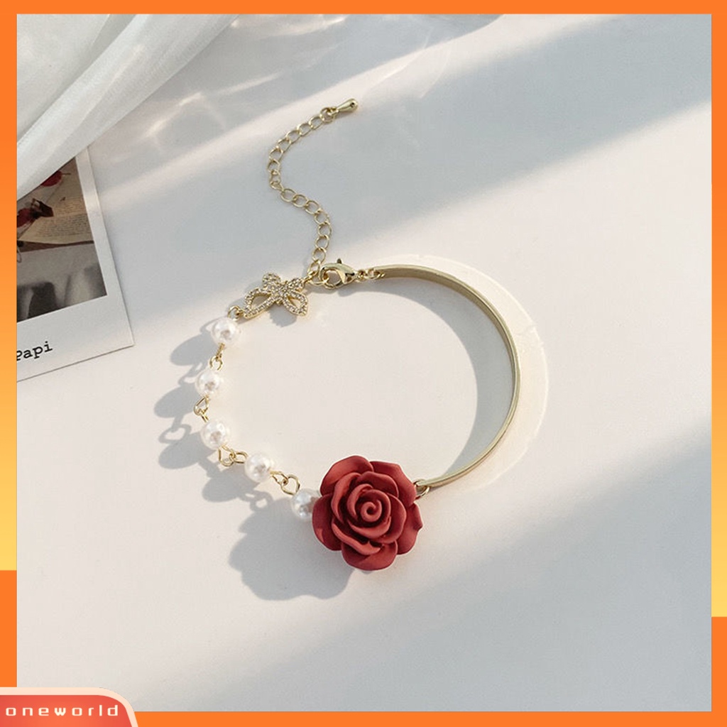 [EONE] Wanita Gelang Bunga Mawar Pesona Electroplating Tidak Luntur Busur Ornamen Mutiara Imitasi Dekorasi Adjustable Temperamen Perancis Niche Bermutu Tinggi Bangle Perhiasan Pesta