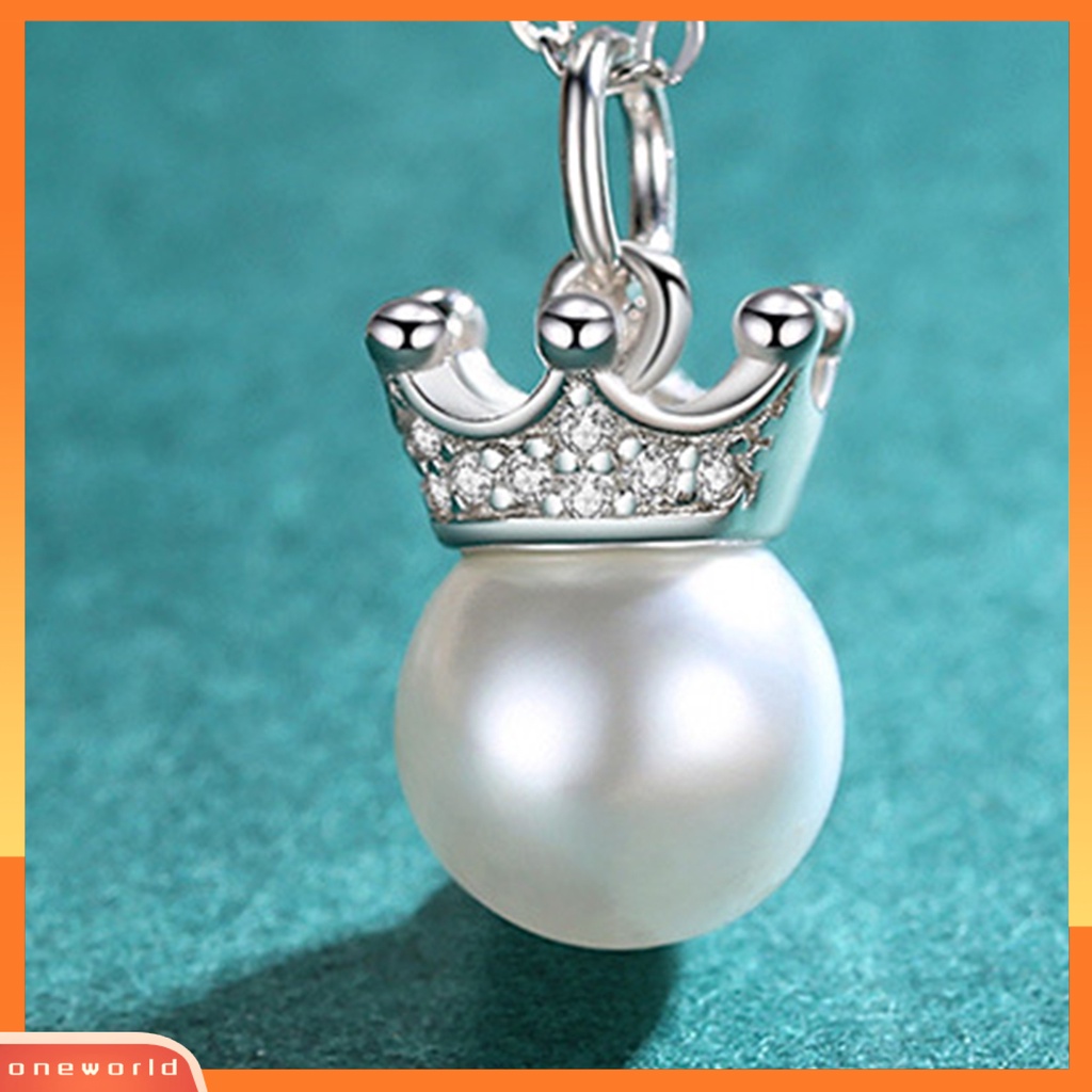 [EONE] Rantai Klavikula Bentuk Mahkota Bersinar Liontin Mutiara Imitasi Finishing Terang Anti Karat Berdandan Colorfast Bulat Liontin Kalung Aksesori Pakaian