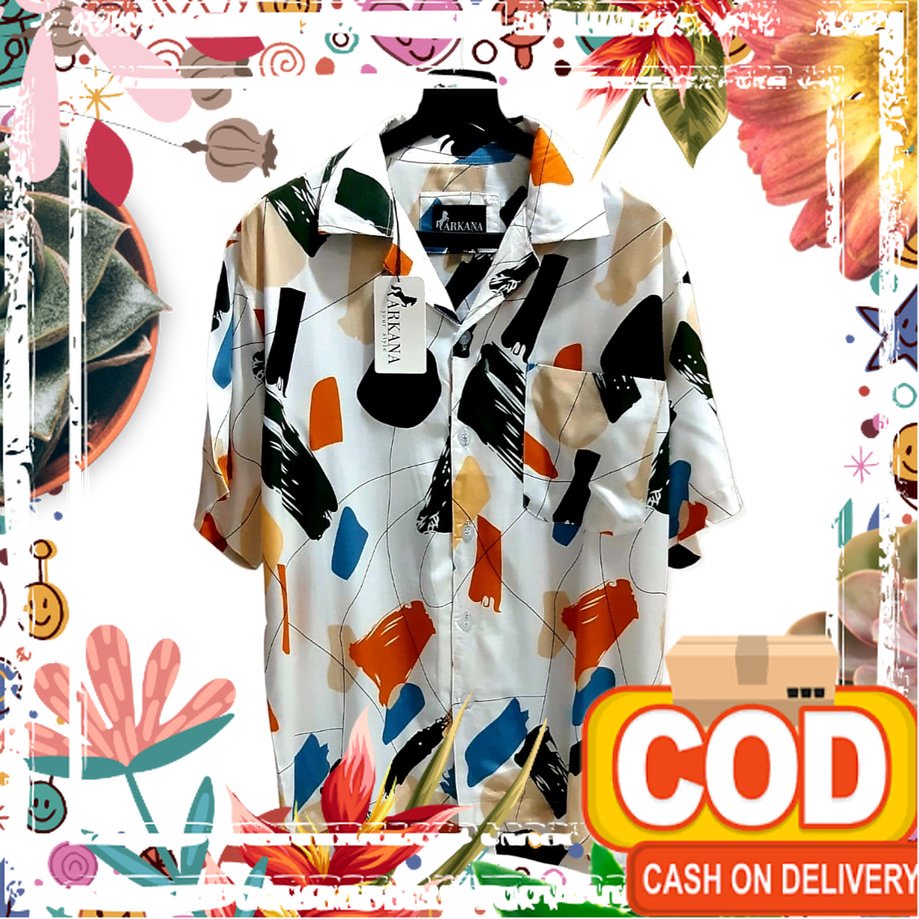 ARKANA - Kemeja Hawaii Pria Printing Bahan Katun Rayon Premium | Kemeja Pantai Pria - Putih/ Versi t