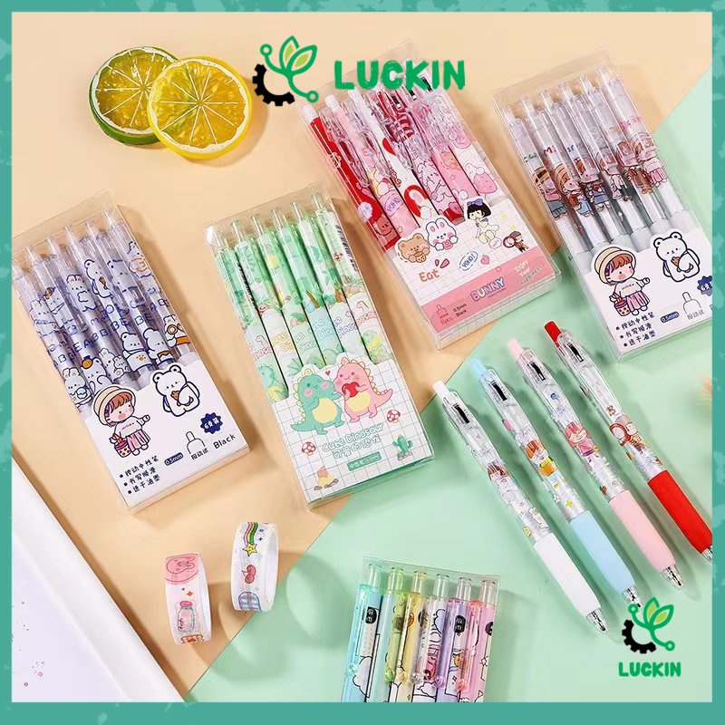 

ISI 6pcs Set Pen Gel Mekanik 0.5mm Motif Cartoon Pulpen Gel Mekanik Pulpen Aesthetic Lucu