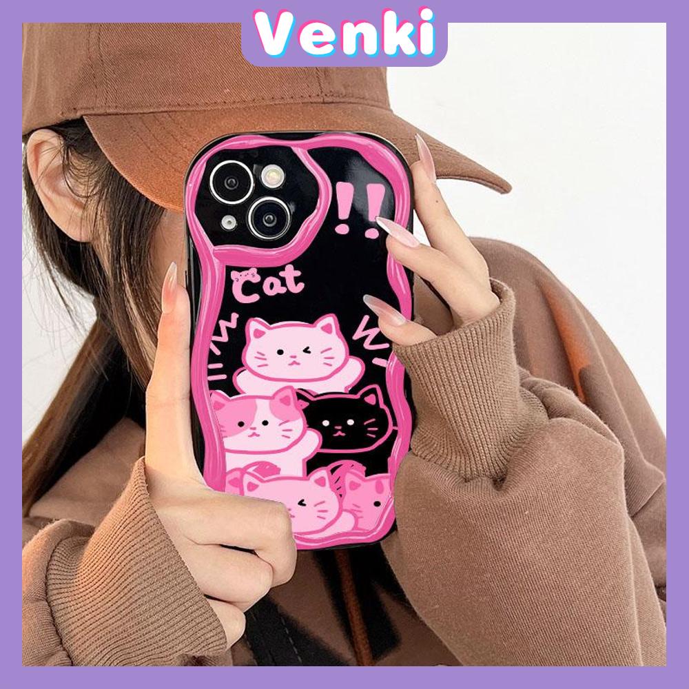 VENKI - For iPhone 11 iPhone Case 3D Curved Edge Wave Glossy Black TPU Airbag Shockproof Camera Cover Pink Cat Compatible with iPhone 14 13 Pro max 12 Pro Max xr xs max 7 8Plus