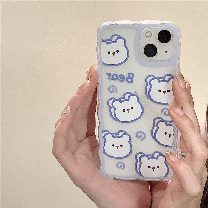 【INS Wave】Blue Line Bear Head Soft TPU Case HP iP iPhone 11 12 13 14 Pro Max 7 8 + Plus SE 2020 X XS XR Max Girl Woman Clear FTD Casing Apple