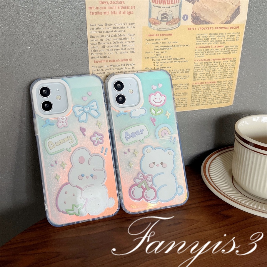 Compatible For IPhone 14 13 12 11 Pro Max X XR Xs Max 8 7 Plus SE 2020 Kompatibel Untuk Cute Little Bear Rabbit IMD Laser Gradient Phone Case TPU Lembut Shockproof Cover Pelindung