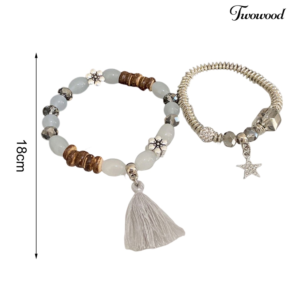 Twowood 2Pcs/Set Couple Gelang Gaya Etnik Manik-Manik Elastis Berlian Imitasi Bintang Liontin Hadiah Elegan Adjustable Kristal Imitasi Jumbai Pria Gelang Fashion Perhiasan