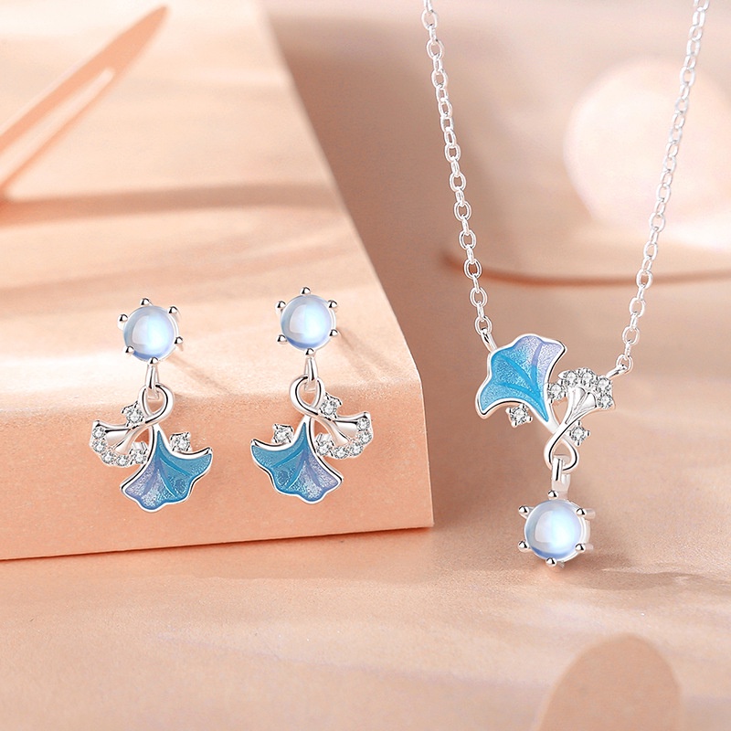 Moonlight Kalung Keberuntungan Aprikot Kecil Perempuan Sterling Silver Mori Seri Moonstone Rantai Klavikula Musim Panas Gaya Baru Ginkgo Daun Kalung Perhiasan