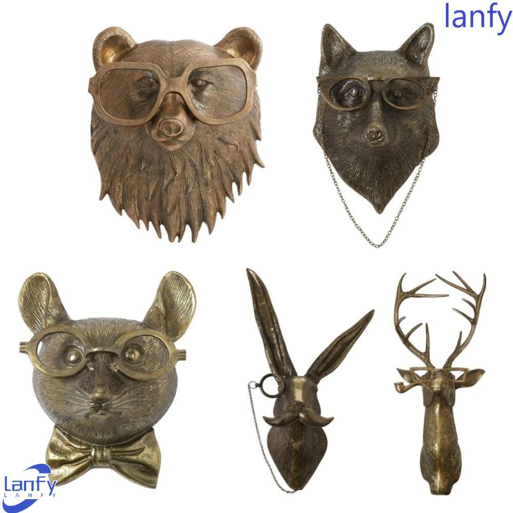 LANFY Animal Head Ornament Mouse Animal Style Fireplace Antler Glasses Bear Home Decor Wall Hanging Interior Decoration Resin Crafts Exquisite Gift Handicraft Bear Sculptures