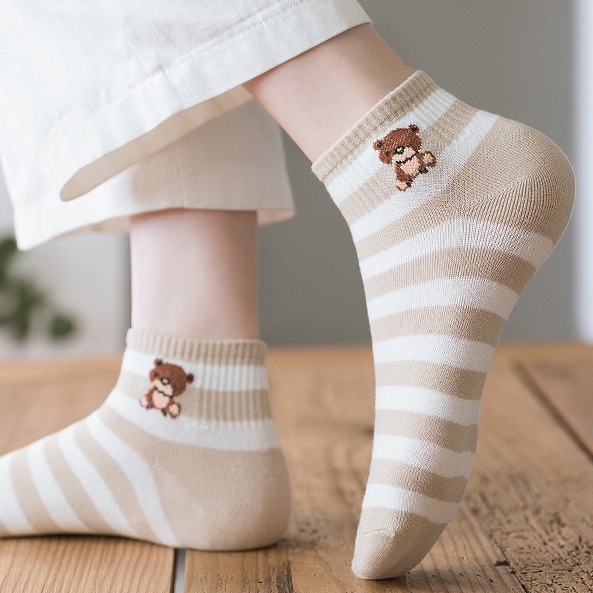 SS Kaos Kaki Wanita 6755 Motif Bear Kecil Pink Putih Kaos Kaki Pendek Anak Perempuan Kaus Kaki Ankle Cute Fashion Murah Import