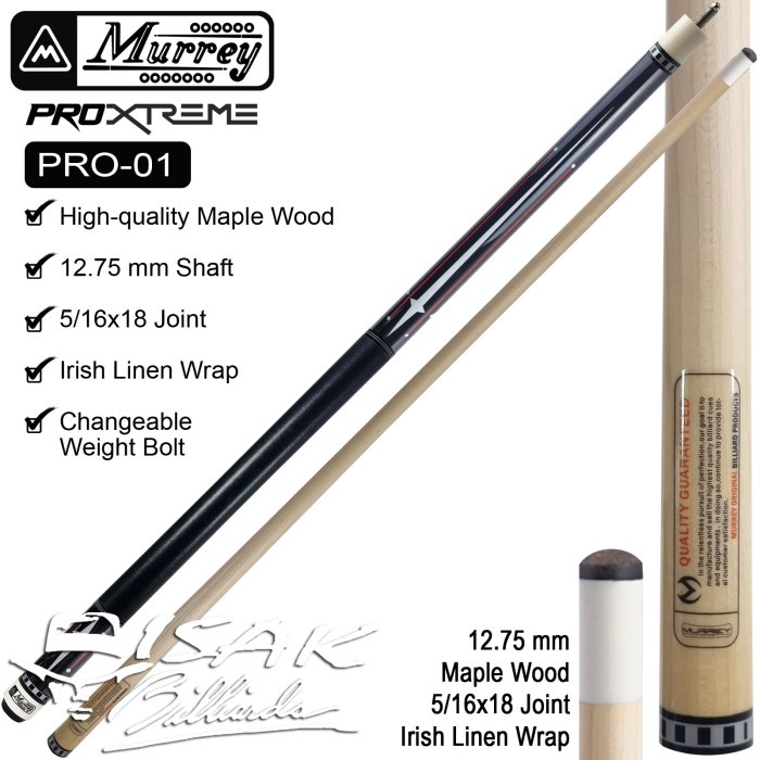 Murrey PRO-1 - Maple Pool Billiard Cue Stick - Stik Biliar - Hitam