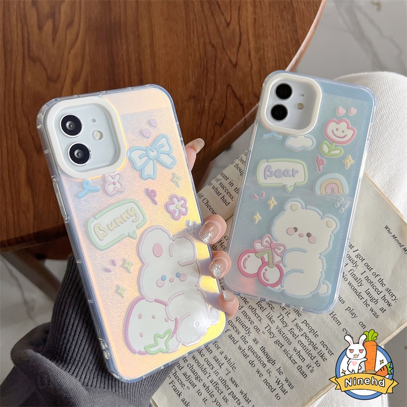 IPHONE Casing Hard Case Bening Tahan Guncangan Mewah Kompatibel Untuk Iphone14 13 12 11 Pro Max X Xr Xs Max8 7 6 Plus SE Kartun Beruang Lucu Casing Ponsel Laser Akrilik Lapisan Ganda Armor Cover Pelindung