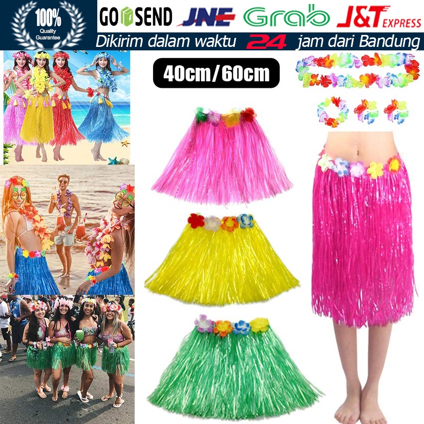 40/60CM Rok Hula Hawai Aksesoris Kalung Bunga Hawai Dan Set Hawai Pesta Hawaiian Rok Rumbai Anak