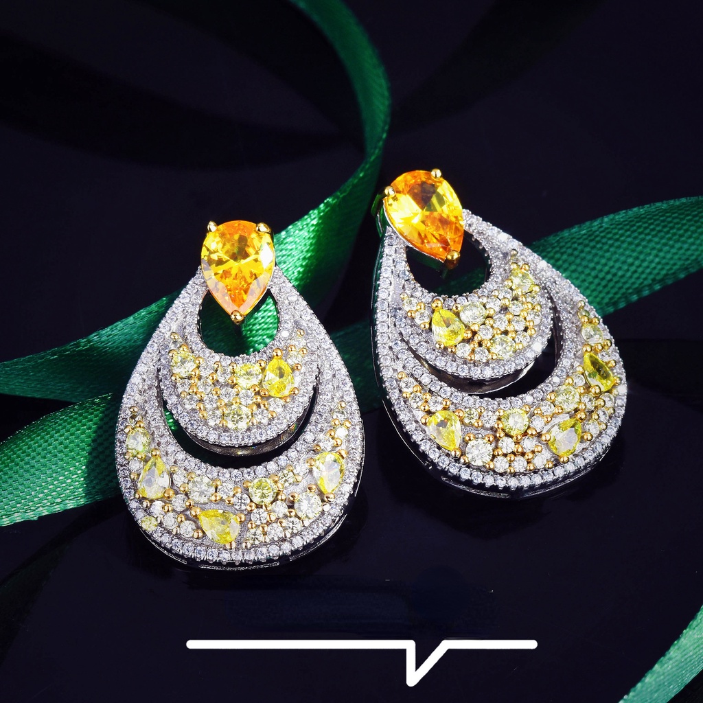 Goldkingdom Aksesoris Perhiasan Fashion Ready Stock Baroque Earrings Sedikit Set Dengan Berlian Kuning, Anting Pejantan Kurus Bergigi Berkilau Super