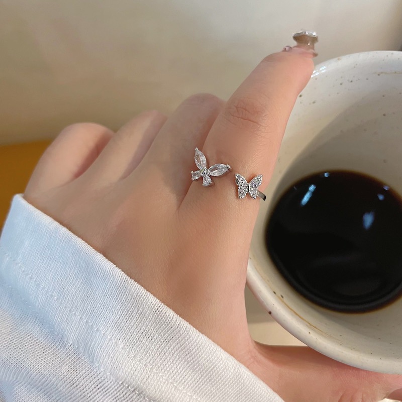 Cincin Terbuka Kupu-Kupu Bahan Alloy Zircon Korea Untuk Wanita
