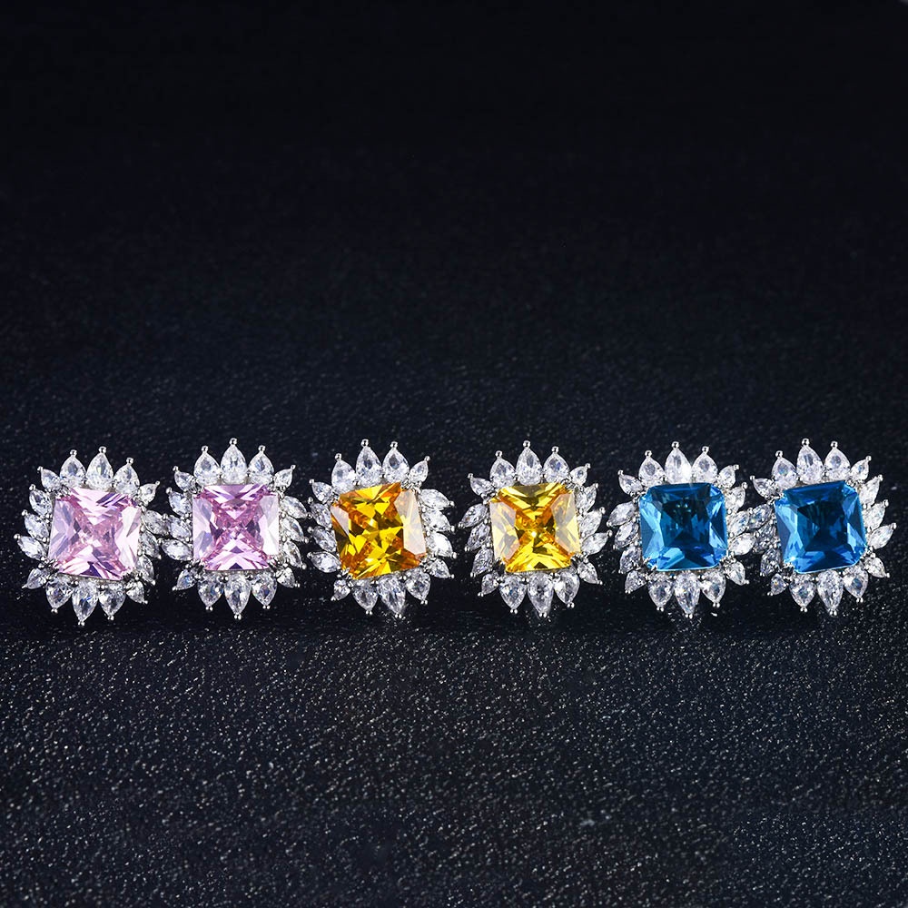 Goldkingdom Aksesoris Perhiasan Fashion Ready Stock Ascher Berlian Kuning, Argyle Pink Diamond Swiss Blue Topaz Set Cincin, Anting Stud, Kalung Wanita