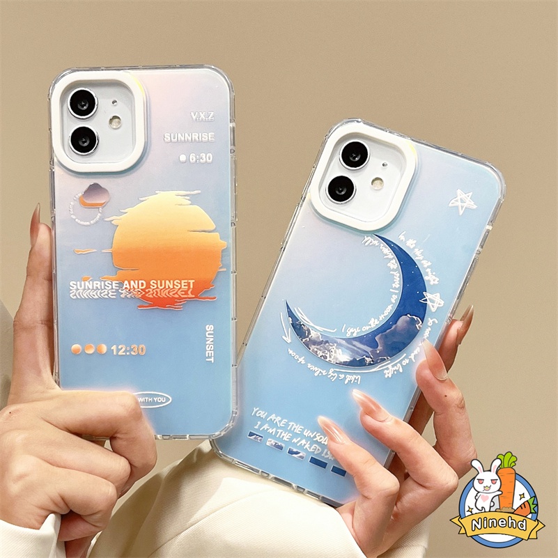 IPHONE Casing Shockproof Keras Bening Mewah Kompatibel Untuk Iphone14 13 12 11 Pro Max X Xr Xs Max8 7 Plus SE 2020 Kualitas Tinggi Double-layer Pelindung Laser Matahari Bulan Anti Pecah Casing Ponsel