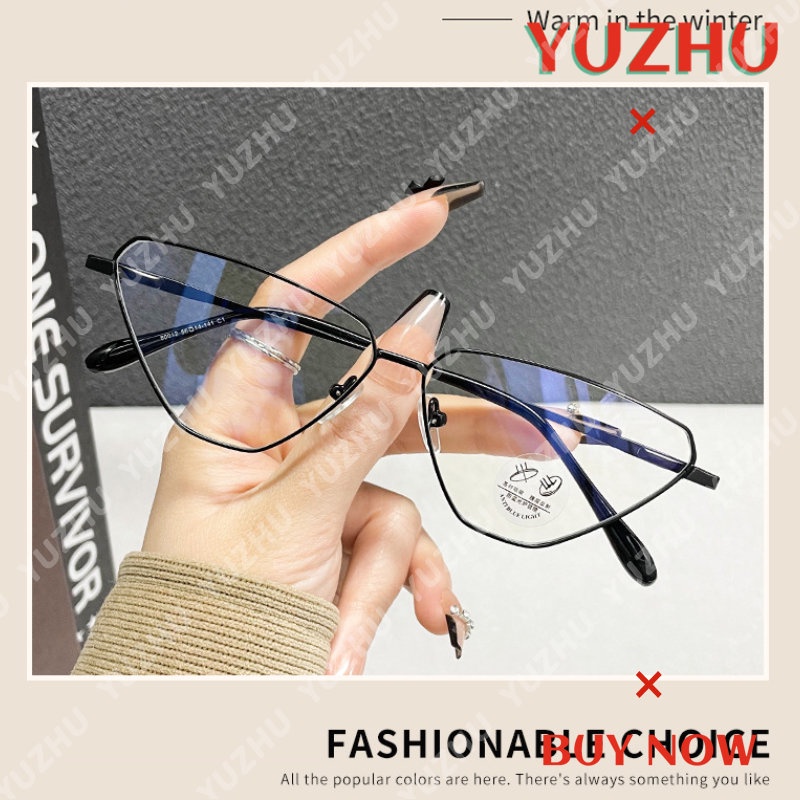 (YUZHU) Cyberpunk Bingkai Logam Anti Cahaya Biru Kacamata Korea Fashion Poligonal Mata Kucing Eyeglasses