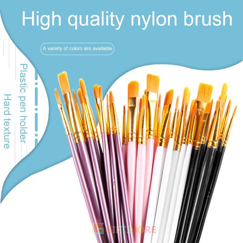 

10pcs/pack paint brush kuas tip kepala bulat/datar/ujung halus nylon hair watercolor acrylic wooden handle painting brushes art supplies artist brushes-GS