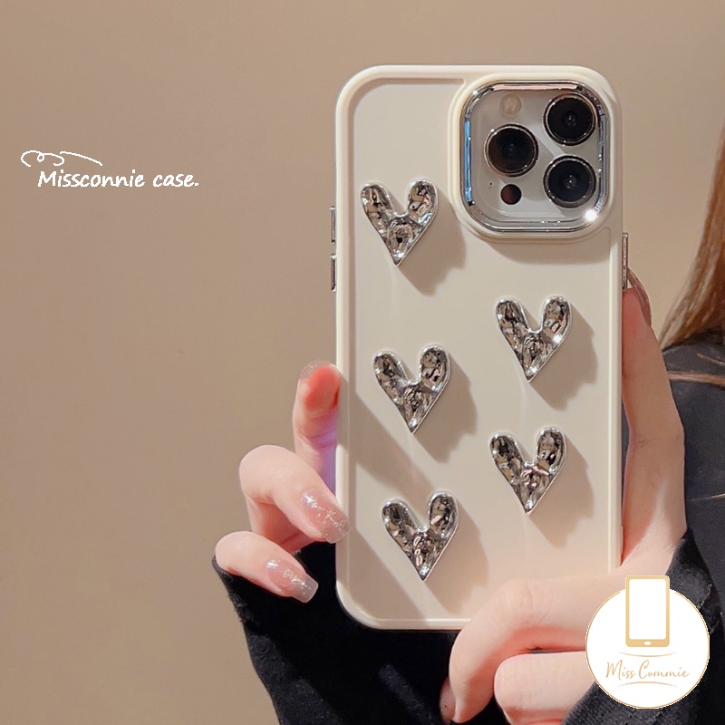 IPHONE 3d Cinta Hati Mewah Plating Square Case Kompatibel Untuk Iphone11 13 14 12 Pro MAX XR X 7Plus 8Plus XS MAX Macaron Warna Permen Sederhana Warna Solid Lembut Ponsel Cover