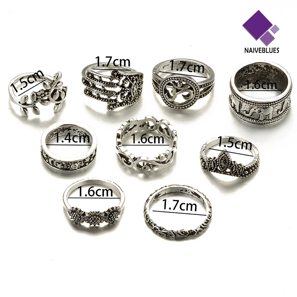 &lt; Naiveblues &gt; 9Pcs Cincin Knuckle Stackable Bunga Ukir Warna Silver Bohemia Finger Rings Aksesori