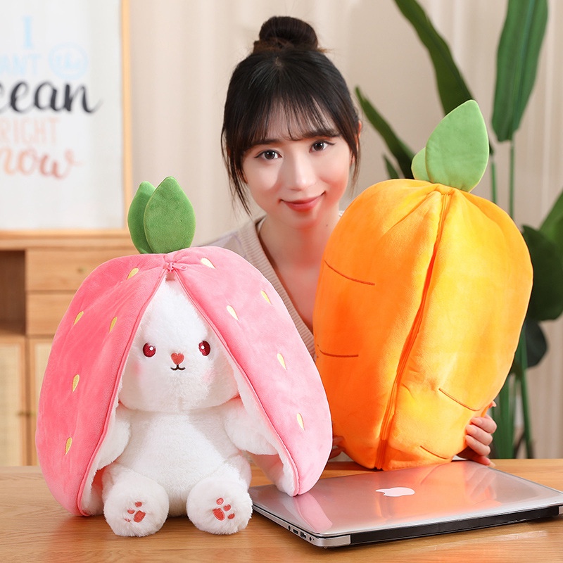 Kreatif Transformasi Boneka Plush Strawberry Kelinci Mainan Mewah Wortel Flip Boneka Kelinci Putih Hadiah Anak