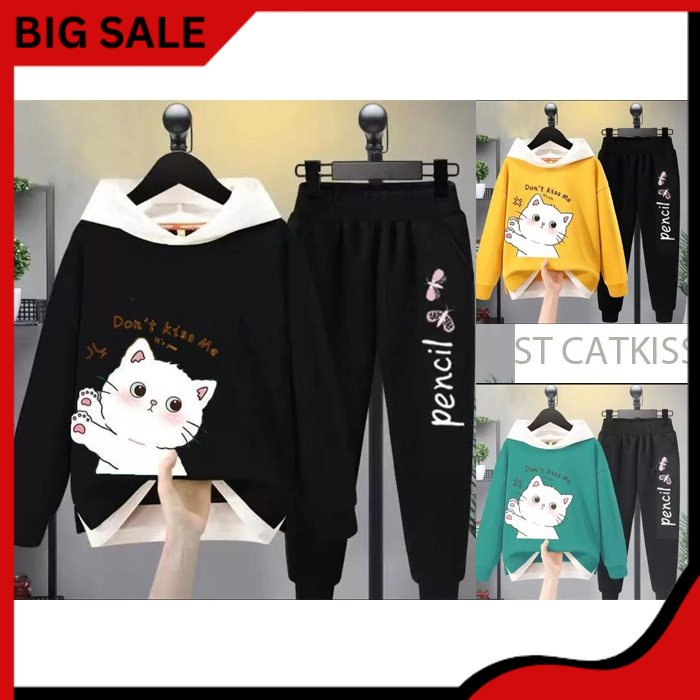 Setelan anak import usia 8 9 10 11 tahun / OneSet hoodie anak perempuan / stelan sweater cat kiss