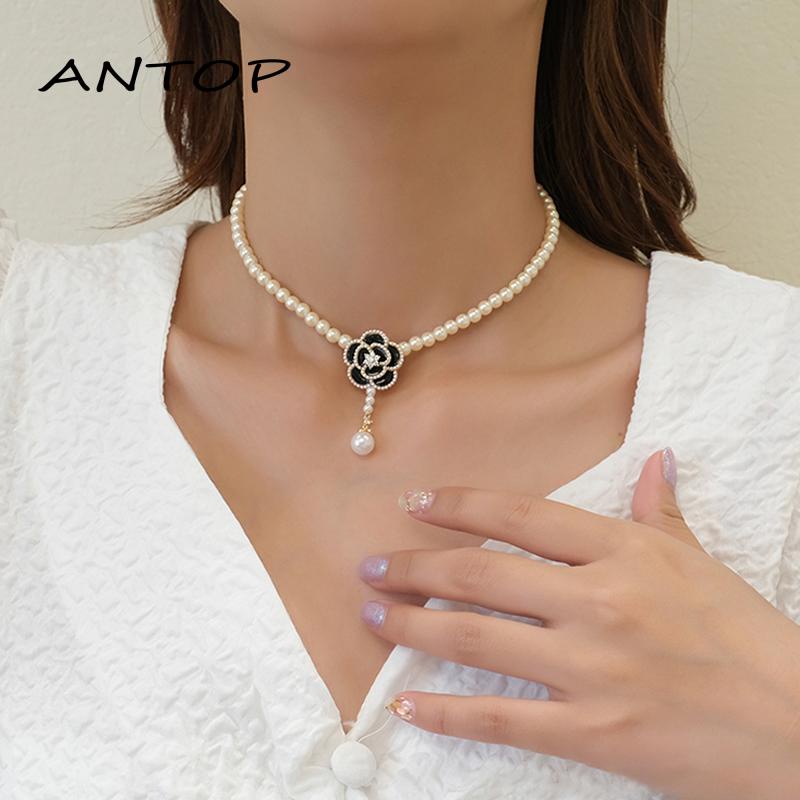 [antop] Camellia Liontin Lucu Mutiara Liontin Kalung Wanita Temperamen Tulang Selangka Kalung