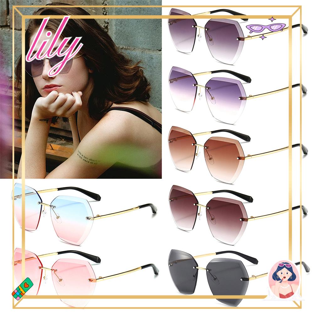 Lily Kacamata Hitam Tanpa Bingkai Perlindungan UV400 Kacamata Matahari Diamond Cutting Lensa Sunglasses Untuk Wanita