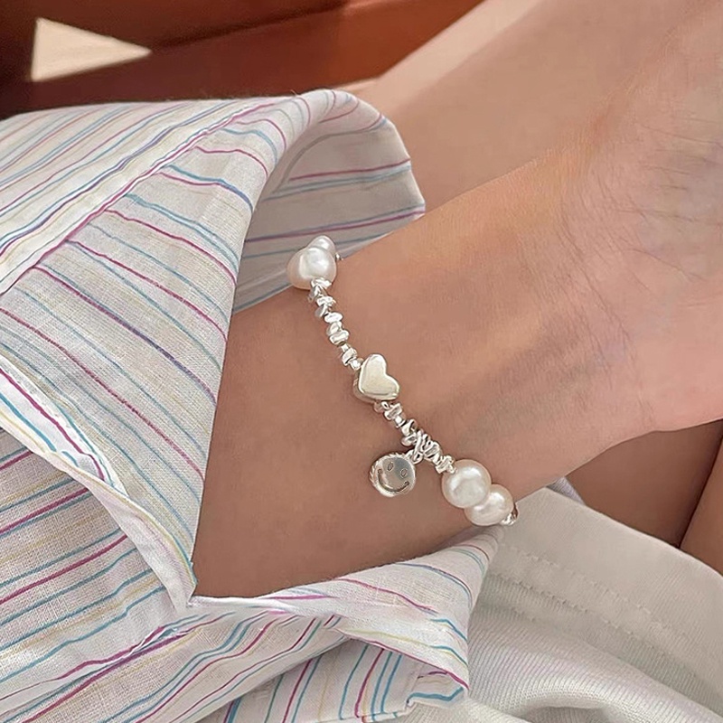 Roselife S925 Perak Payet Mutiara Manik-Manik Hati Smiley Face Heart Charm Gelang Untuk Wanita Perempuan Elegan Wajah Bahagia Beruntung Gelang Fashion Rantai Pergelangan Tangan Perhiasan Aksesoris