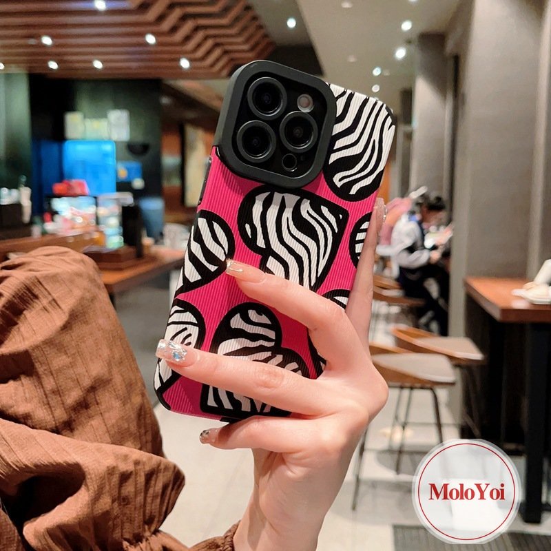 Casing Silikon Shockproof Untuk iPhone XR XS X Max8 7 Plus 7Plus 11 13 14 12 Pro Max Tekstur Kulit Mewah Motif Zebra Cinta Hati Ponsel Lembut Tpu Cover