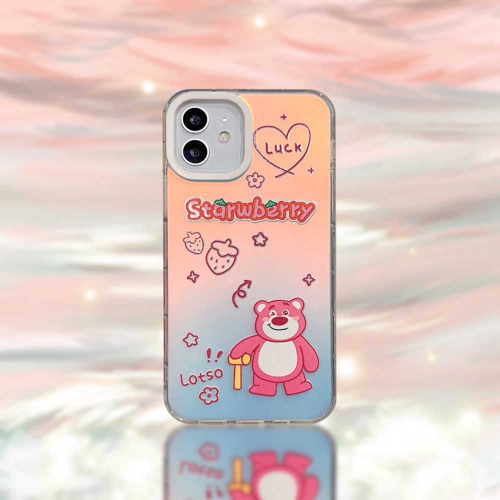 Compatible For IPhone 14 13 12 11 Pro Max X XR Xs Max 8 7 Plus SE 2020 Kompatibel Untuk Lucky Strawberry Bear IMD Laser Gradient Phone Case TPU Lembut Shockproof Cover Pelindung