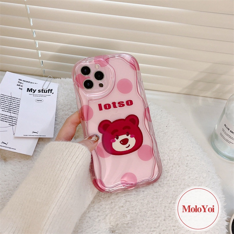 IPHONE 3d Wave Point Kartun Strawberry Bear Cute Case Kompatibel Untuk Iphone11 14 13 12 Pro Max 6 7 6s 8 Plus XR X XS Max 7Plus SE 2020 Wavy Curved Edge Glossy Shockproof Shell Cover