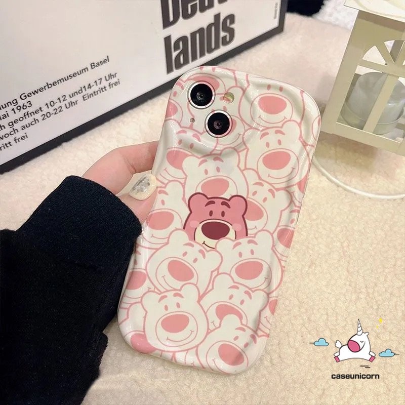 Cute Strawberry Bear 3D Wavy Curved Edge Case Untuk Redmi 9C 9T 10C 10 9A 9 10A 9C NFC A1 A2 Note10 11 10s 11s 10Pro 10 Pro Max Plus POCO M3 Cute Kartun Beruang Garis Lembut Tpu Cover