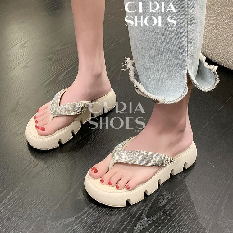 Sandal Jepit Wedges Wanita Import Hak Tinggi Premium Sol Empuk Tebal Anti Slip Tali Silver 8386