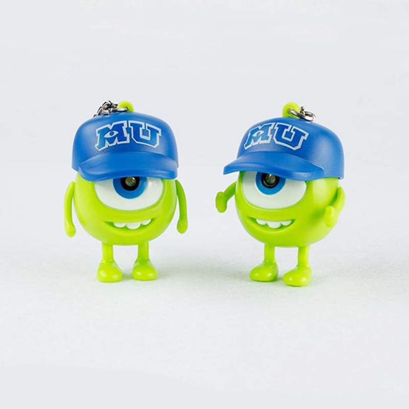 Disney Monsters University Mike Boneka Gantungan Kunci Lampu LED Suara Anime Wazowski Mr.Q Action Figure Key Chain Hadiah