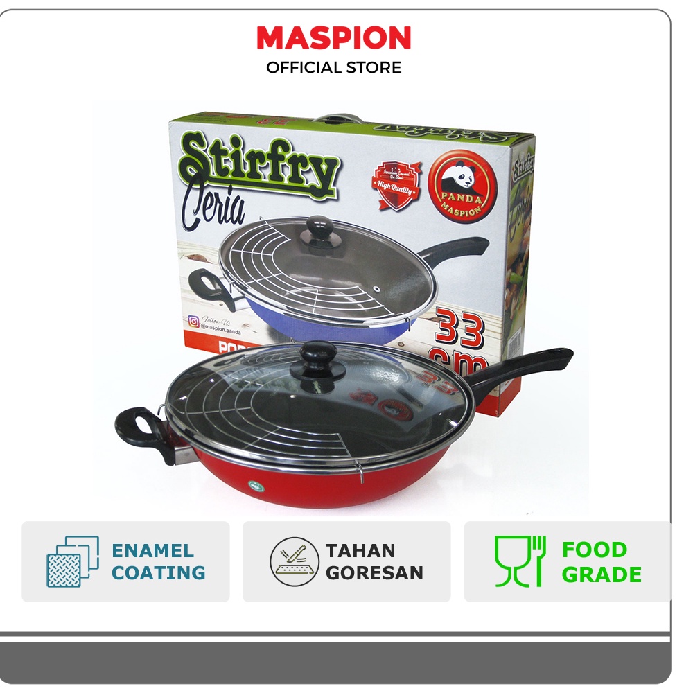 Maspion Panda Stirfry Enamel Ceria Tutup Kaca + Tempura  33 cm Campur
