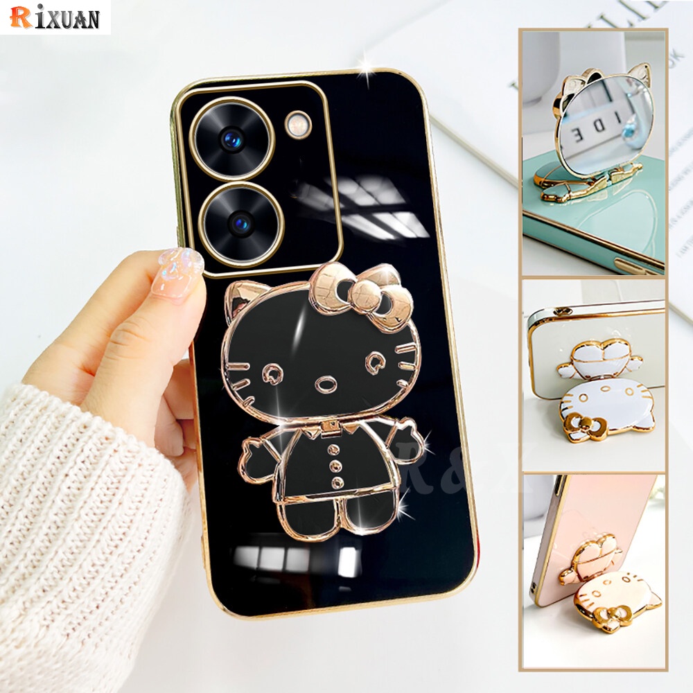 Realme 10 4G 9i 7i 8i C17 C31 Realme8 5G 8 Pro Realme 5 Pro Narzo 50cermin Rias Fashion Kitty Cat Stand Holder Mewah Plating Karet Soft Cover Rixuan